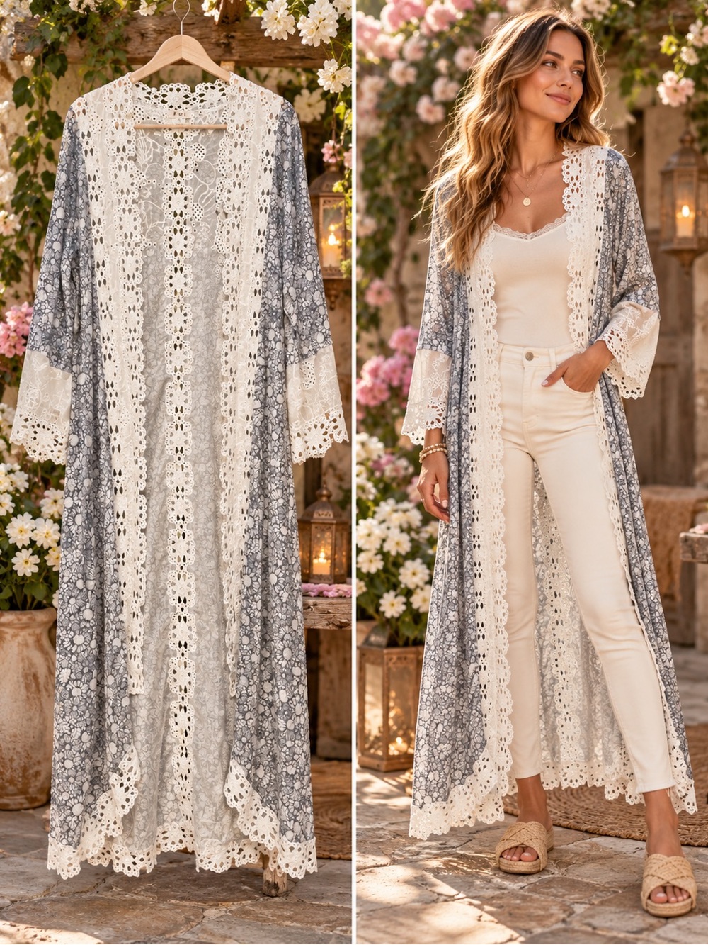 POL Lace-Trim Floral Maxi Kimono Robe - Cream & Gray